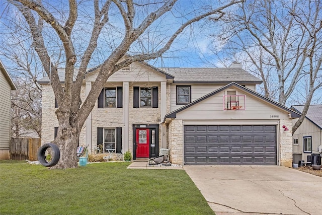 view of front of property with a garage, fence, concrete driveway, a chimney, and a front yard