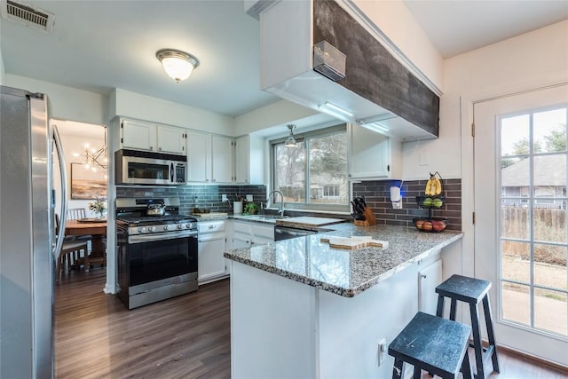 kitchen featuring dark wood finished floors, stainless steel appliances, backsplash, light stone countertops, and a peninsula