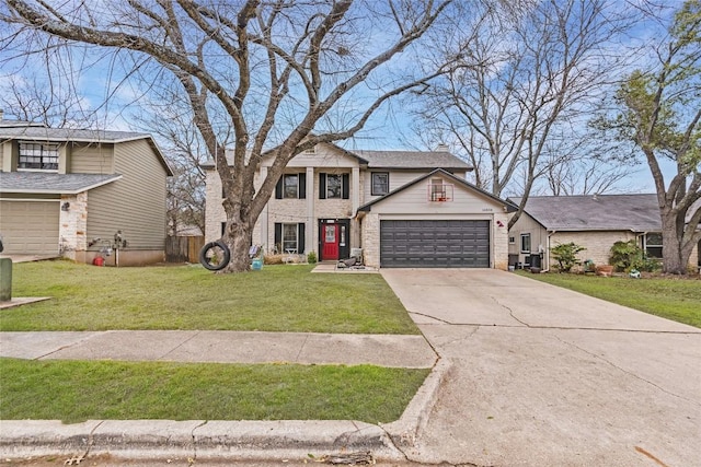 traditional home featuring an attached garage, brick siding, driveway, a chimney, and a front yard