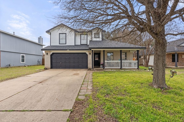 view of front of home featuring covered porch, a garage, brick siding, concrete driveway, and a front lawn