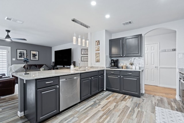 kitchen featuring a peninsula, visible vents, open floor plan, and stainless steel dishwasher