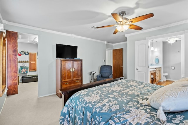 bedroom featuring ceiling fan, visible vents, baseboards, ornamental molding, and attic access