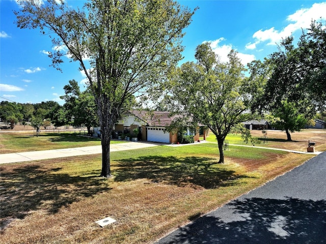 obstructed view of property featuring driveway, a front lawn, and an attached garage