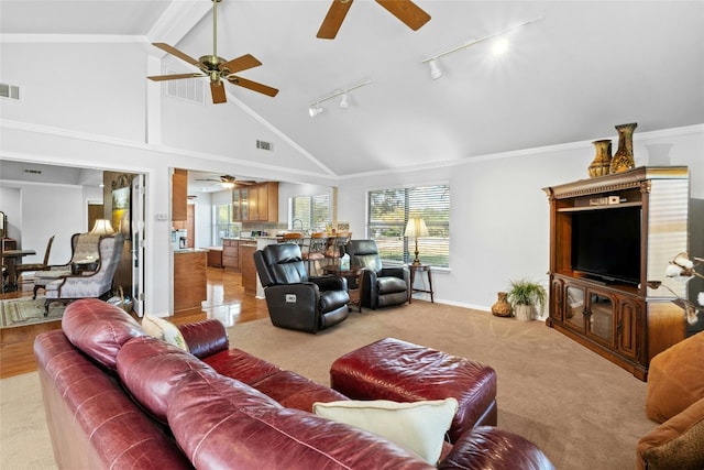 living room with a healthy amount of sunlight, visible vents, and light colored carpet