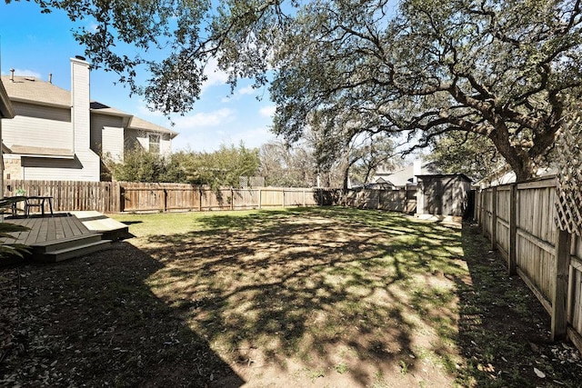 view of yard with a fenced backyard and a deck