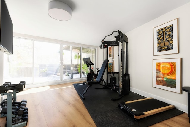 exercise area featuring baseboards and wood finished floors