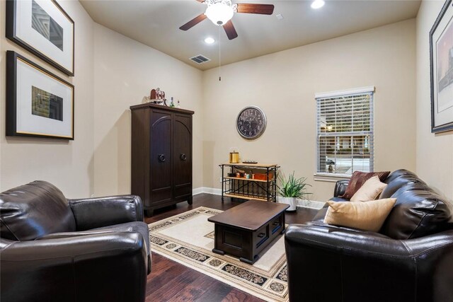 2717 Rain Song Dr, Leander, TX 78641 - living room featuring ceiling fan, wood finished floors, recessed lighting, and baseboards