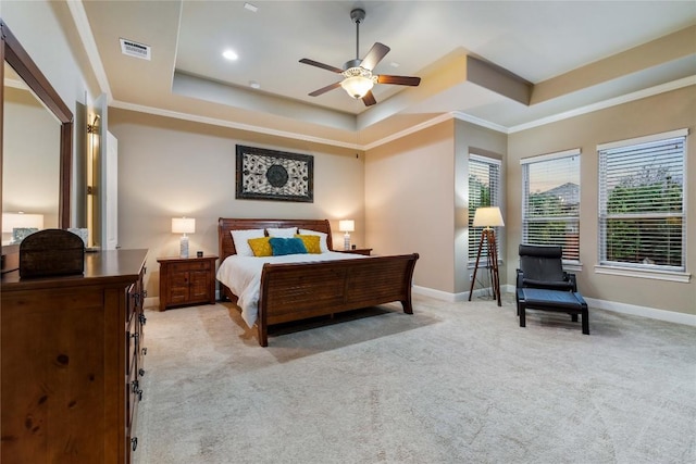 2717 Rain Song Dr, Leander, TX 78641 - bedroom featuring a raised ceiling, carpet floors, baseboards, crown molding, and ceiling fan