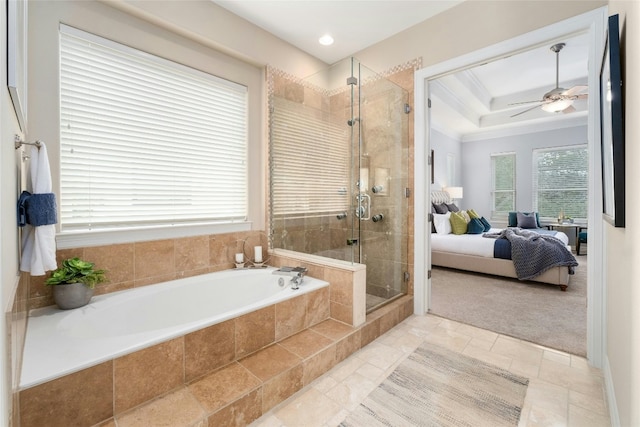 bathroom with stone tile flooring, a ceiling fan, a stall shower, connected bathroom, and a bath