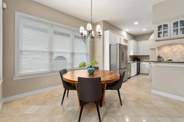 dining room featuring light tile patterned floors, baseboards, a chandelier, and recessed lighting