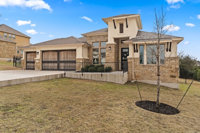 prairie-style home featuring stucco siding, an attached garage, fence, stone siding, and driveway