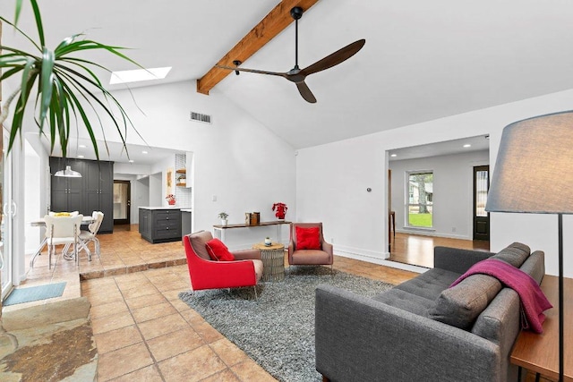 living room with a skylight, visible vents, ceiling fan, high vaulted ceiling, and beam ceiling