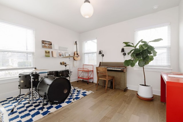 game room featuring plenty of natural light, baseboards, and wood finished floors