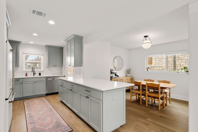 kitchen featuring a sink, visible vents, stainless steel dishwasher, gray cabinets, and tasteful backsplash