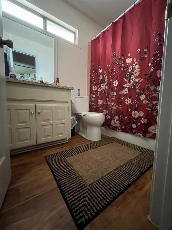 full bath featuring vanity, a shower with shower curtain, wood finished floors, and toilet