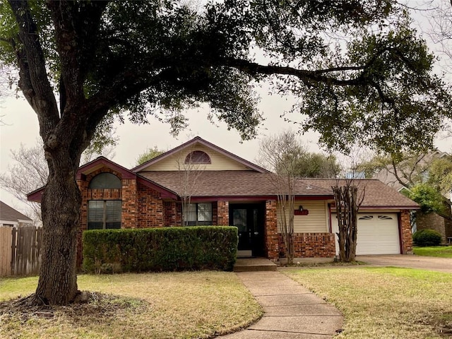 ranch-style home with a garage, driveway, fence, and brick siding