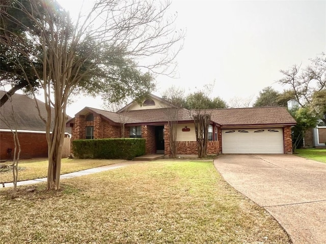 ranch-style home with a garage, driveway, a front lawn, and brick siding