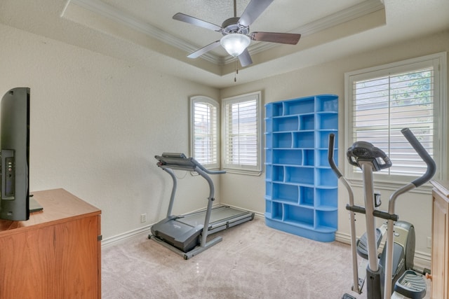 exercise room featuring carpet floors, a raised ceiling, and crown molding