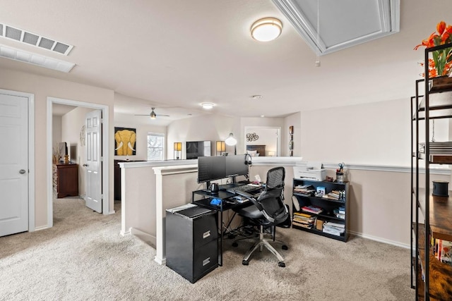 office featuring baseboards, carpet, visible vents, and attic access