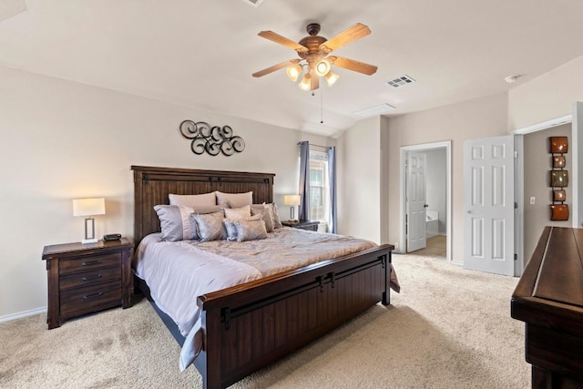 bedroom with light carpet, baseboards, visible vents, and a ceiling fan