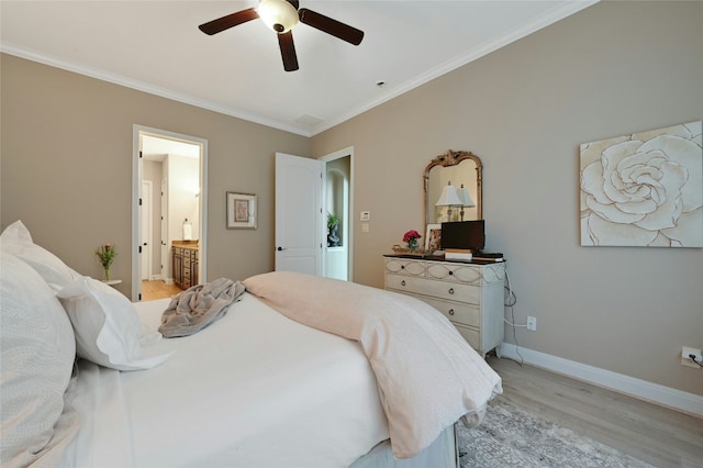 bedroom with light wood finished floors, baseboards, connected bathroom, and ornamental molding