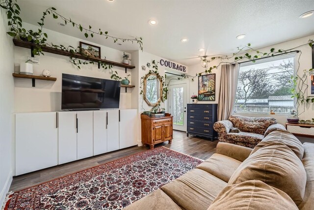 living area featuring dark wood-style floors, a textured ceiling, and recessed lighting