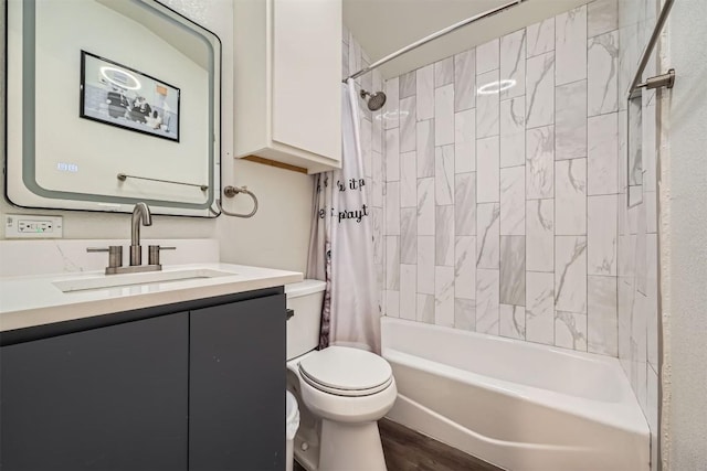 bathroom with shower / bath combo, vanity, toilet, and wood finished floors