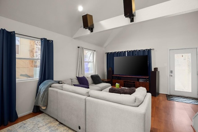 living area featuring vaulted ceiling and wood finished floors