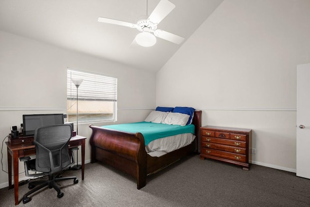 bedroom featuring vaulted ceiling, ceiling fan, carpet flooring, and baseboards