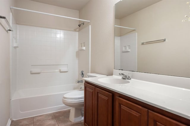 bathroom featuring shower / washtub combination, vanity, toilet, and tile patterned floors