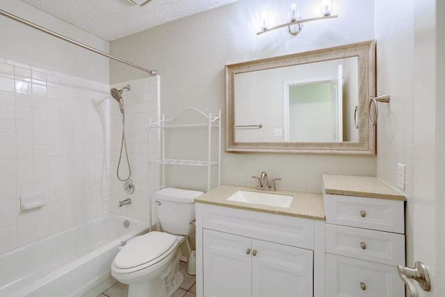 full bath with bathtub / shower combination, a textured ceiling, toilet, and vanity