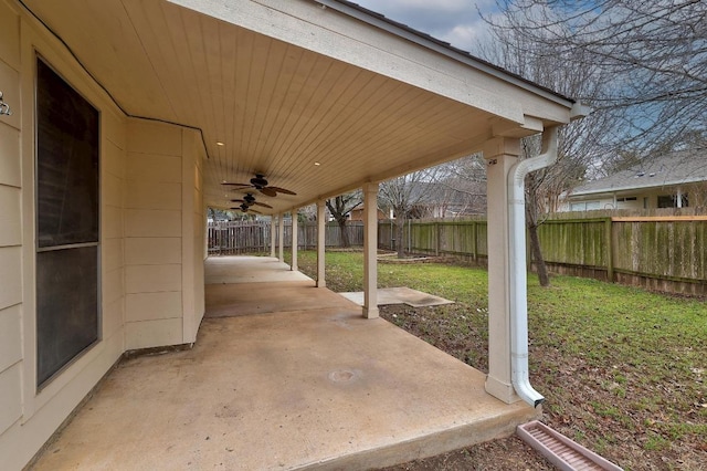 view of patio / terrace featuring a ceiling fan and a fenced backyard