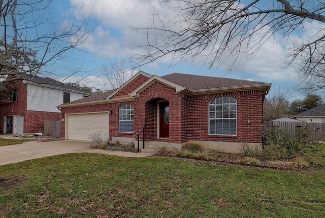 single story home with driveway, brick siding, an attached garage, fence, and a front yard