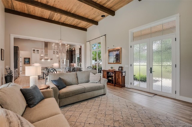 living room featuring high vaulted ceiling, wooden ceiling, light wood-style flooring, and beam ceiling