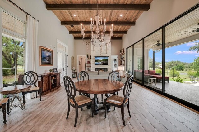 dining area featuring a healthy amount of sunlight, a large fireplace, wood ceiling, and light wood finished floors