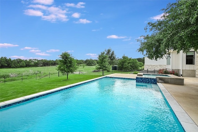 view of pool with a pool with connected hot tub and a lawn