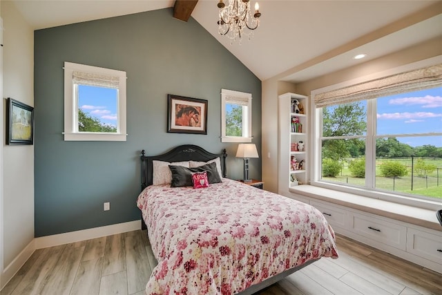 bedroom with vaulted ceiling with beams, light wood-style flooring, baseboards, and an inviting chandelier