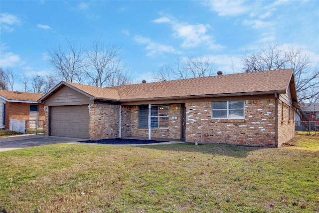 ranch-style house with aphalt driveway, a garage, brick siding, roof with shingles, and a front yard