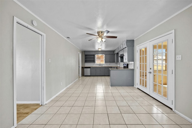 kitchen with dishwasher, french doors, ceiling fan, crown molding, and gray cabinetry