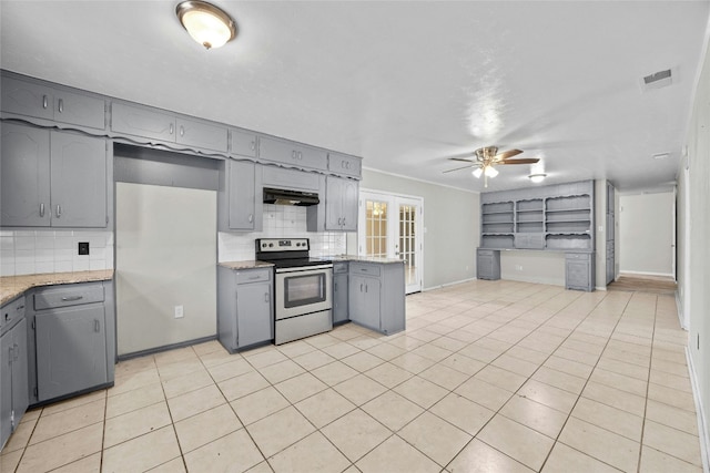 kitchen with under cabinet range hood, visible vents, gray cabinets, and electric stove