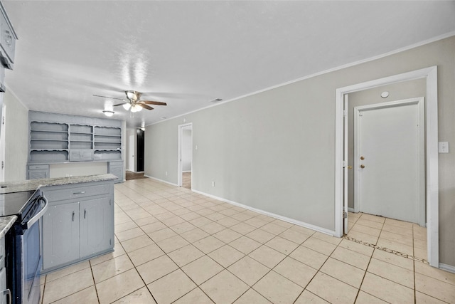 kitchen with ceiling fan, light tile patterned flooring, electric stove, ornamental molding, and light countertops