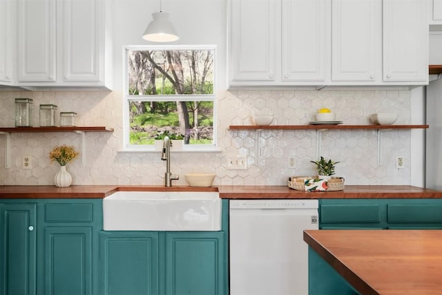 kitchen with white cabinetry, dishwasher, a sink, and open shelves