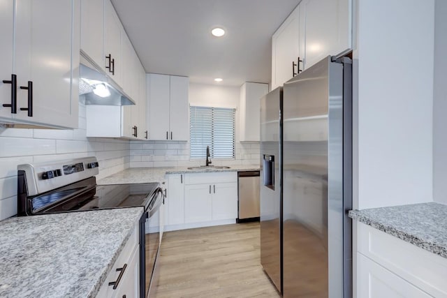 kitchen featuring light wood finished floors, tasteful backsplash, stainless steel appliances, under cabinet range hood, and a sink