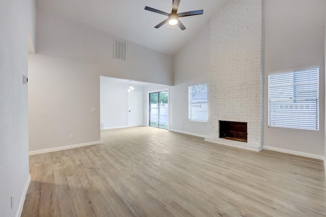 unfurnished living room featuring ceiling fan, light wood-style flooring, a fireplace, and visible vents