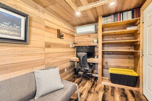 home office featuring an AC wall unit, wooden ceiling, wooden walls, and wood finished floors