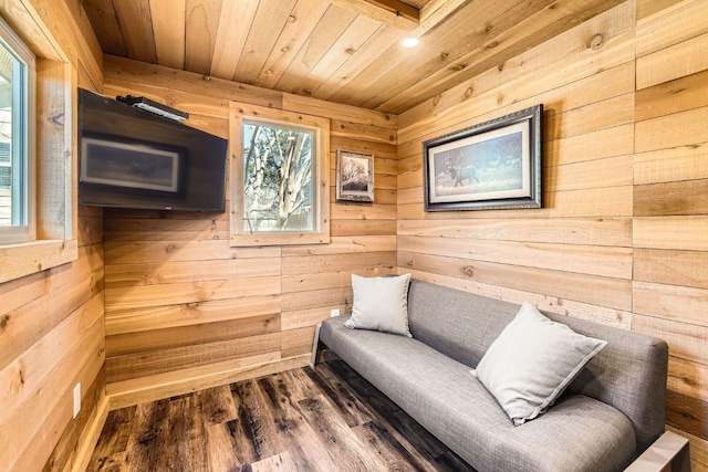 sitting room featuring wooden ceiling, wooden walls, and wood finished floors