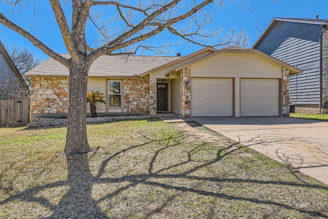 view of front of house with a garage, stone siding, a front lawn, and concrete driveway