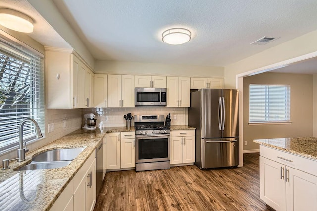 kitchen featuring stainless steel appliances, dark wood-style flooring, a sink, and visible vents