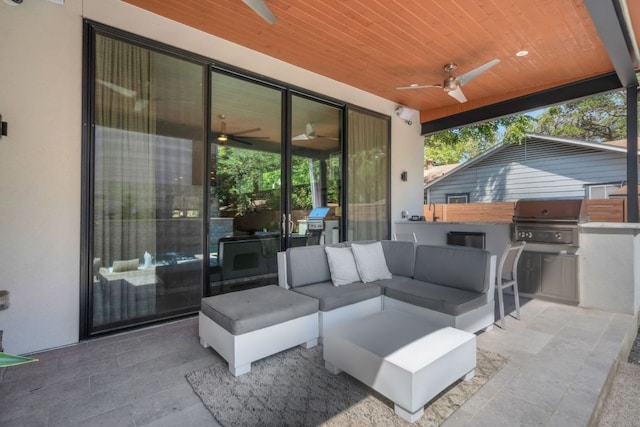 view of patio / terrace featuring an outdoor hangout area, ceiling fan, and grilling area