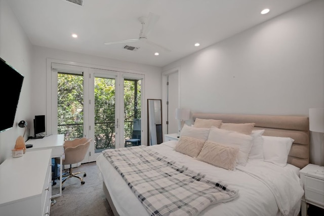 carpeted bedroom with ceiling fan, recessed lighting, visible vents, and access to exterior